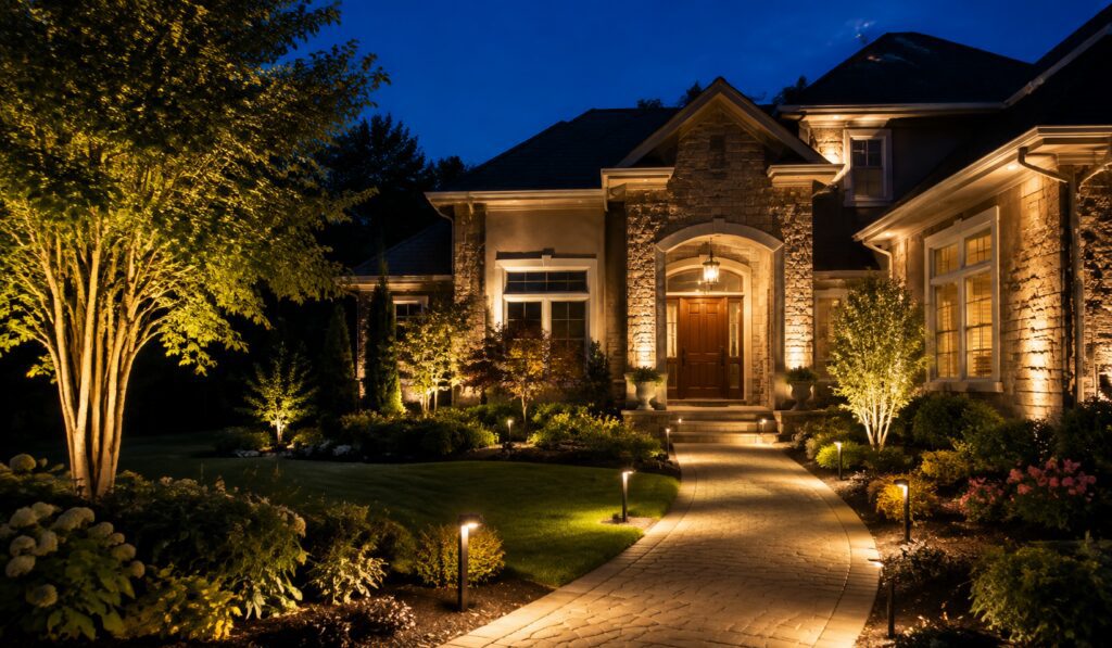 How Beneficial Is LED Outdoor Lighting for Your Home? LED fixtures may cost more initially than some incandescent, halogen, or compact fluorescent alternatives. However, their lower energy consumption and longer operating life can make them more economical over the life of the lighting system. A quality LED light may provide tens of thousands of hours of operation under appropriate conditions. The actual lifespan depends on several factors, including fixture quality, operating temperature, voltage stability, moisture protection, installation quality, and ongoing maintenance. Because LEDs generally require less frequent replacement, homeowners may also spend less time and money changing bulbs in difficult-to-access areas. This can be particularly helpful for fixtures installed in trees, around architectural features, along long pathways, or throughout larger landscapes. Timers, photocells, and smart controls can further reduce unnecessary energy use. These controls allow the system to operate only when lighting is needed instead of remaining on throughout the day or late into the night. Strong Illumination With Lower Energy Use LED fixtures can produce effective outdoor illumination without requiring the same amount of electricity as many older lighting technologies. That does not mean every area should receive the brightest fixture available. A well-designed system uses the appropriate brightness, beam spread, and fixture placement for each part of the property. Path lights can improve visibility along sidewalks and garden routes. Downlights may illuminate patios, driveways, and gathering areas, while accent lights can highlight trees, stonework, columns, and other architectural details. LEDs also reach full brightness quickly and perform well with lighting controls. This makes them suitable for motion-activated fixtures, security lighting, and areas where immediate illumination is important. Although LEDs produce less radiant heat than incandescent or halogen bulbs, they still generate heat within their components. Quality fixtures manage that heat through proper housing and heat-dissipation design, helping protect performance and service life. Improved Visibility Around Outdoor Areas Outdoor LED lighting can make steps, elevation changes, pathways, driveways, and entrances easier to see after dark. This is especially important around areas where people frequently walk or gather. The goal is not to flood the entire property with intense light. Excessive brightness can create glare, deep shadows, and discomfort. Instead, fixtures should be positioned carefully to provide balanced illumination without shining directly into people’s eyes or neighboring properties. Around pools and water features, only fixtures approved for the intended wet or submerged location should be used. Proper fixture selection and professional installation are essential because ordinary landscape lights are not automatically suitable for use near water. More Design Options for Landscapes and Architecture LED lighting offers considerable flexibility for decorative and functional outdoor designs. Different beam angles can be used to highlight narrow columns, broad tree canopies, textured walls, or layered planting beds. Warm white lighting can create a comfortable and welcoming atmosphere around patios and entrances. Colored LEDs may be used selectively around pools, water features, entertainment spaces, or seasonal displays. However, color should support the overall design rather than distract from the landscape or architecture. LEDs can also create attractive reflections across ponds, fountains, and other water features. Careful placement allows the light to emphasize movement and texture while keeping the fixture itself relatively unobtrusive.