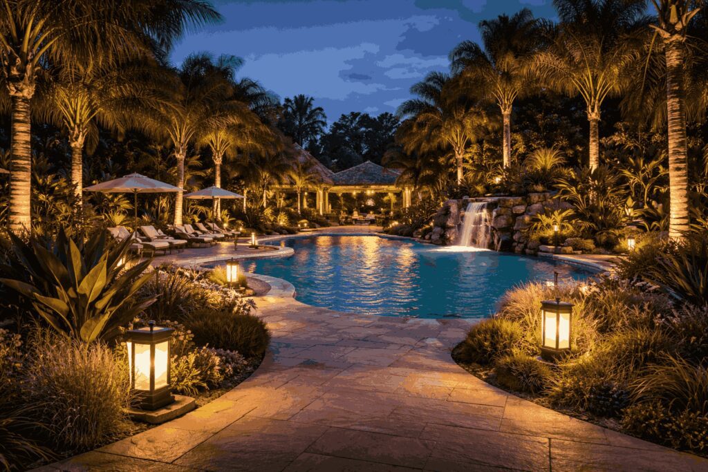 Luxury resort-style outdoor lighting with ambient, task, and accent lighting for a resort-like backyard ambiance.