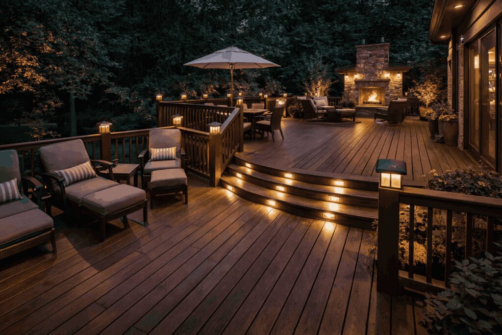LED deck lighting installed on stairs and railings for improved visibility and style