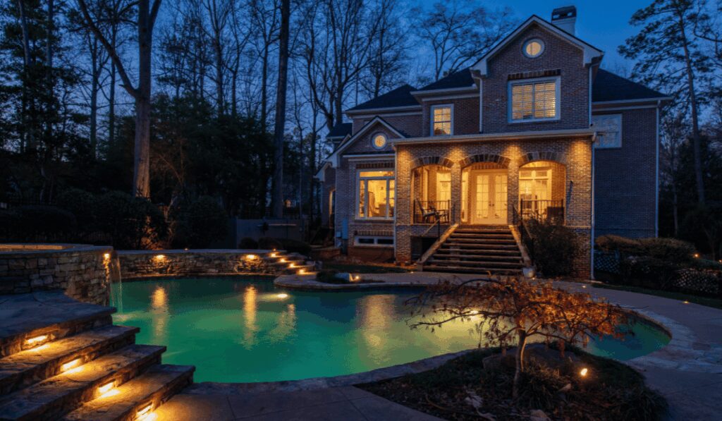 Custom outdoor lighting services enhancing a home’s exterior at night